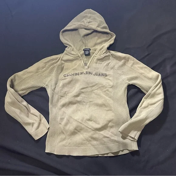Calvin Klein Jeans Olive Hooded Knit Sweatshirt - Picture 1 of 3